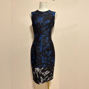 Yigal Azrouel Black and Blue Patterned scuba sheath Midi Dress size 6